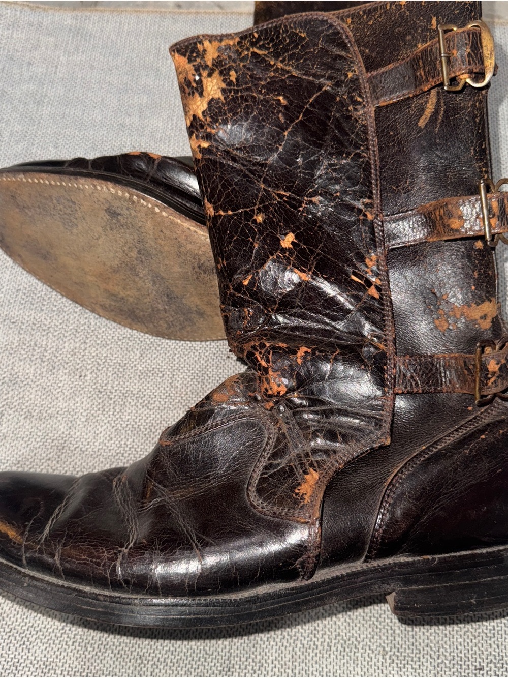 Vintage Tanker Engineer Boots Triple Buckle Gaucho Leather USA Brown Sz 11 Men's